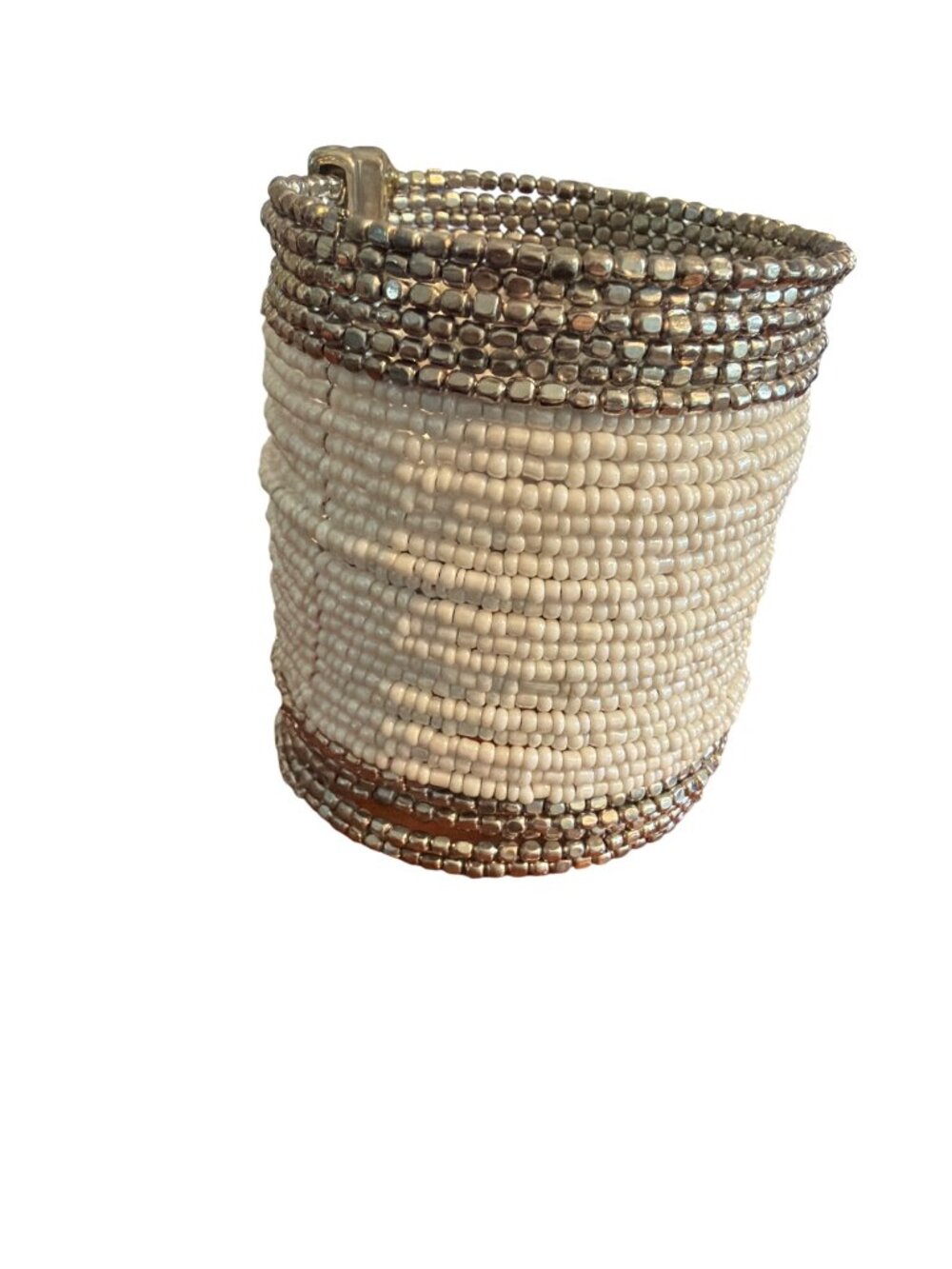 Large Beaded Cuff Bracelet Silver White Beads Memory Wire 3" Wide Adj Tribal